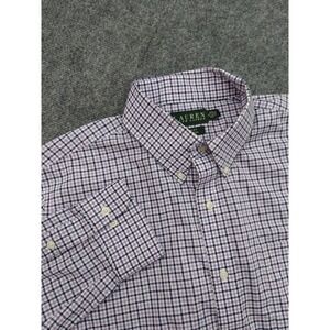 LRL‎ Ralph Lauren Shirt Mens 17 32/33 Purple Blue Plaid Check Slim Fit Non Iron